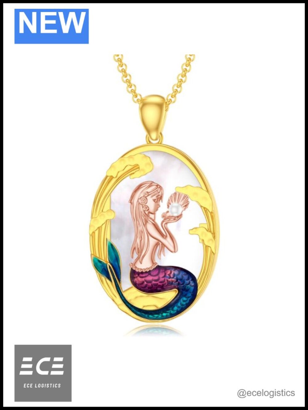 Gold Plated Silver Mermaid Oval Locket Necklace Holds 2 Pictures Pearl